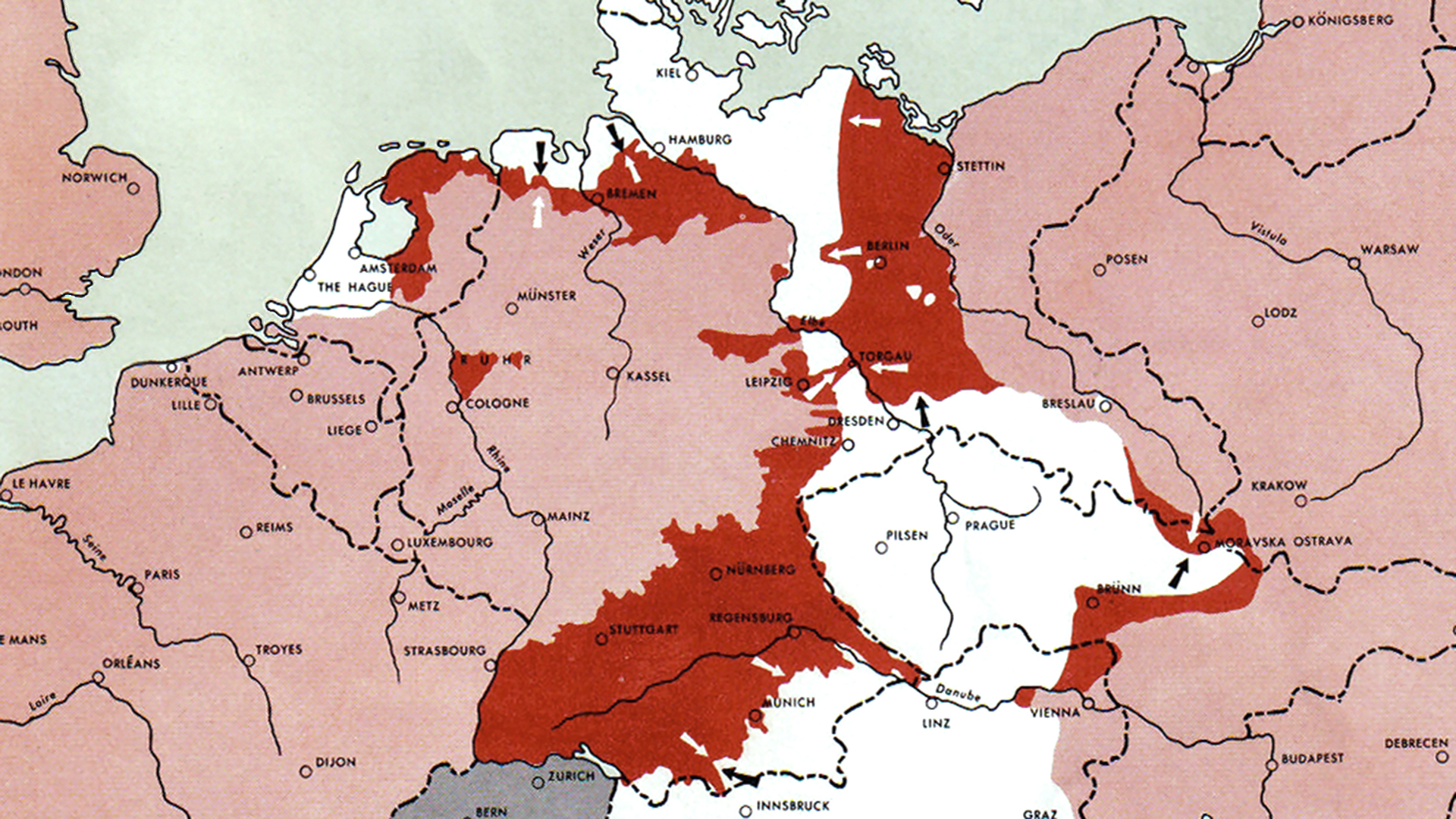 Ausschnitt der Europa-Karte vom 1. Mai 1945 aus dem "Atlas of the World Battle Fronts in Semimonthly Phases" des United States War Department, 1945, der die Gebietslage in zweiwöchigen Abständen dokumentiert. © This image is a work of a U.S. Army soldier or employee, taken or made as part of that person's official duties. As a work of the U.S. federal government, the image is in the public domain. Foto: United States War Department, General Staff 1945